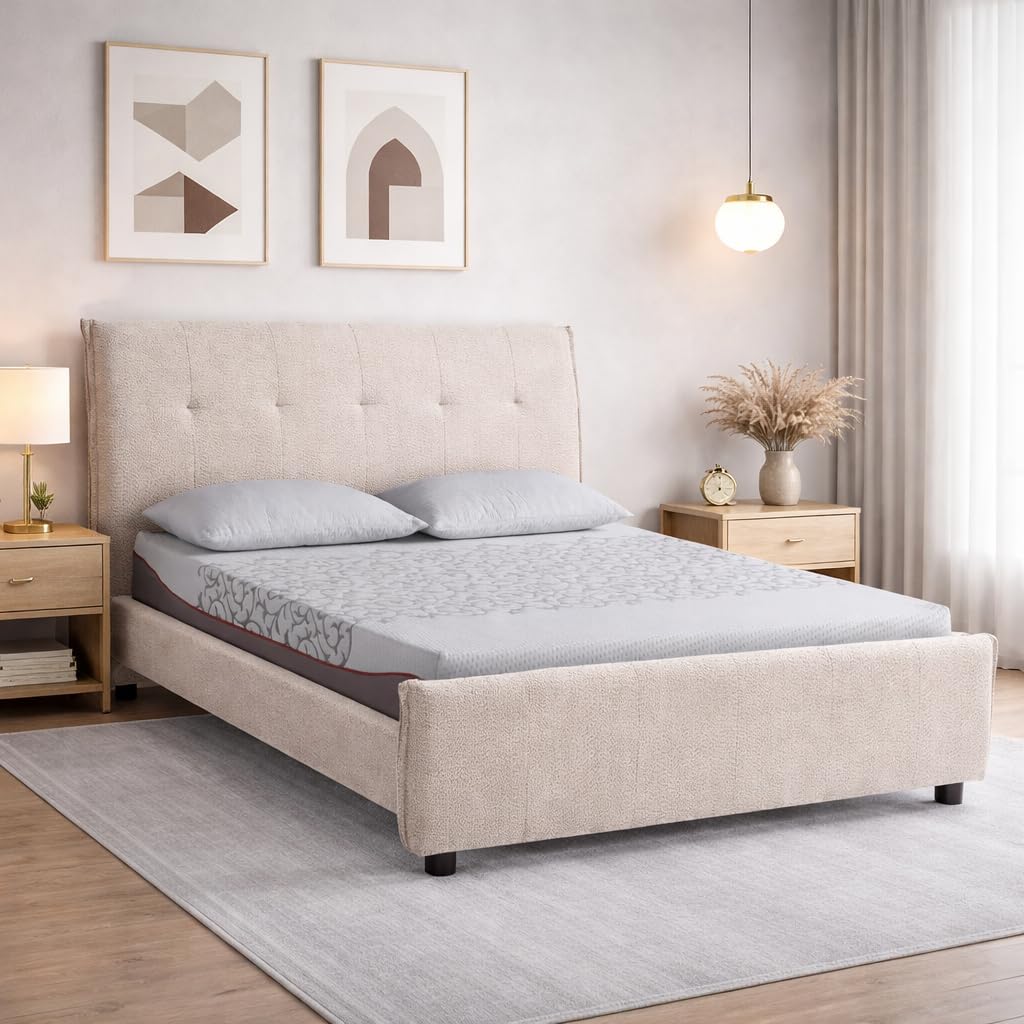 EVERGREENWEB - Letto Matrimoniale con Materasso Memory Foam + 2 Cuscini GRATIS, Rete a 26 Doghe in Legno 160x195 cm, Elegante Testiera Imbottita in Tessuto Morbido Beige, Struttura Rinforzata, DALLAS