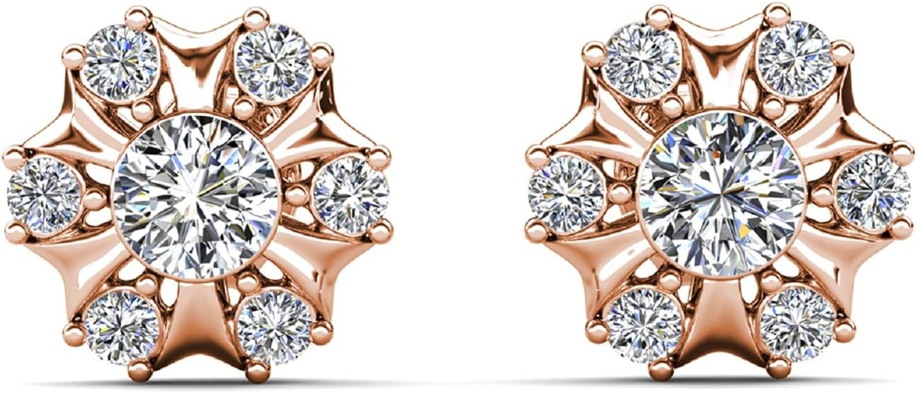 Cate & Chloe Millie 18k Gold-Plated Stud Earrings with Round Cut Simulated Diamond Crystals, Elegant Flower Jewelry for Women, Gift for Her on Christmas, Anniversary, Birthday