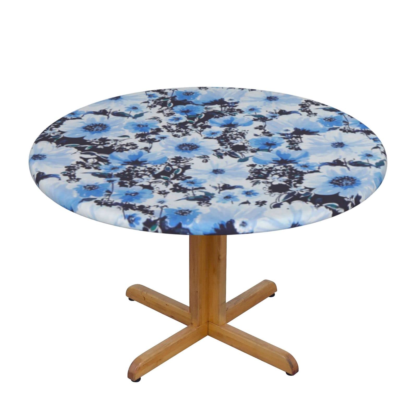 Lsjuee Round Fitted Tablecloth 45-50in Elastic Edged Table Cloth for Kitchen Dining Party Home Decor - Blue Flower Bright