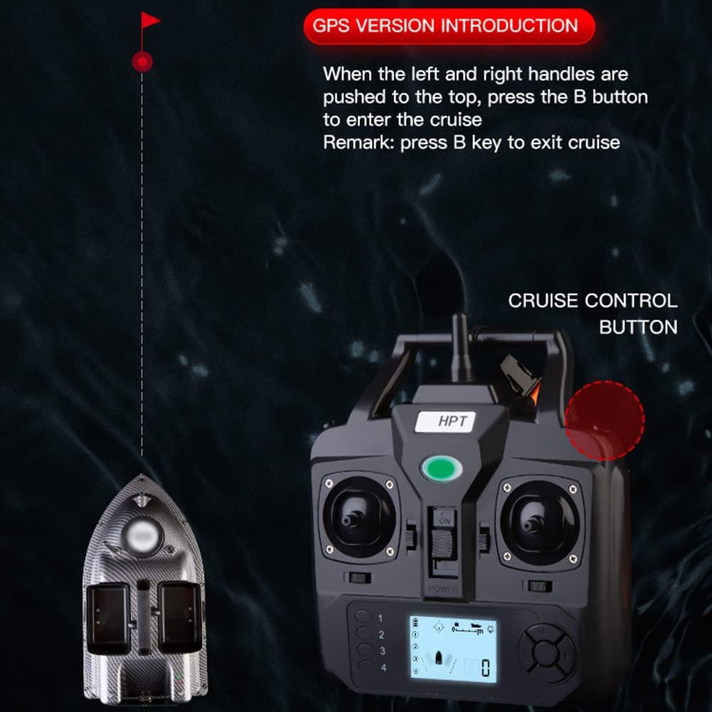 Barca da pesca con esca da 500 m, barca da pesca telecomandata GPS con 3 contenitori per esche, ecoscandaglio automatico con luce notturna a LED, tramoggia di carico da 2 kg,ritorno automatico con una