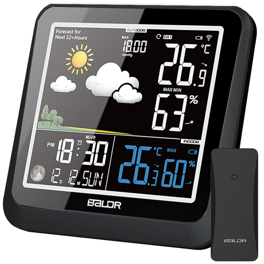 LEVIPE Stazione Meteo con Sensore Esterno Senza Fili – Stazione Meteorologica Wireless con Display a Colori, Previsioni del Tempo, Temperatura Interna/Esterna, Umidità, Orologio Atomico, Fasi Lunari