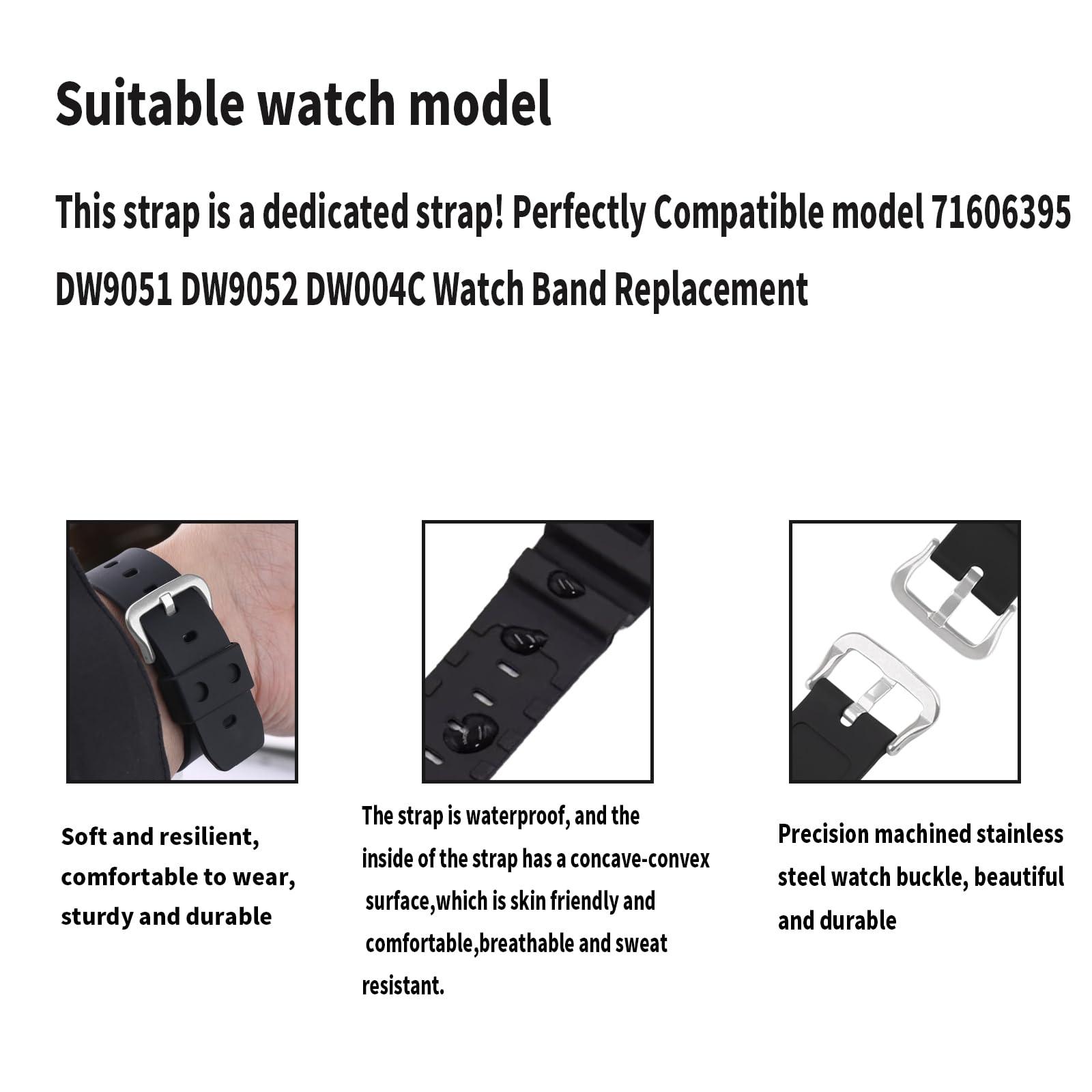 Topuly XXmm Resin Watch Band replacement for Casio G-shock DW-9051 DW-9052 DW-004C Strap Wirstband accessories for Men and Women(Black)