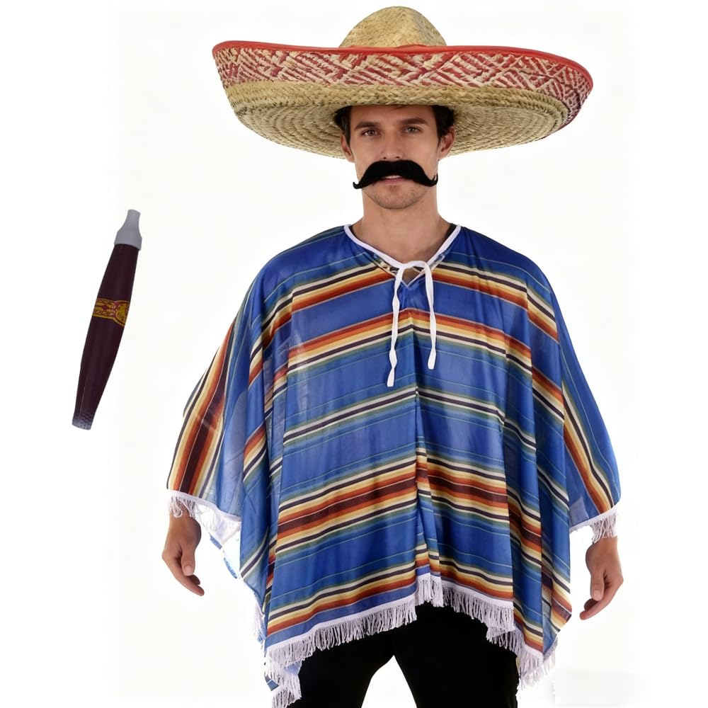 AR BRAND EST. 2021 Mexican Fancy Dress set - Poncho + Sombrero + Cigar + Moustache