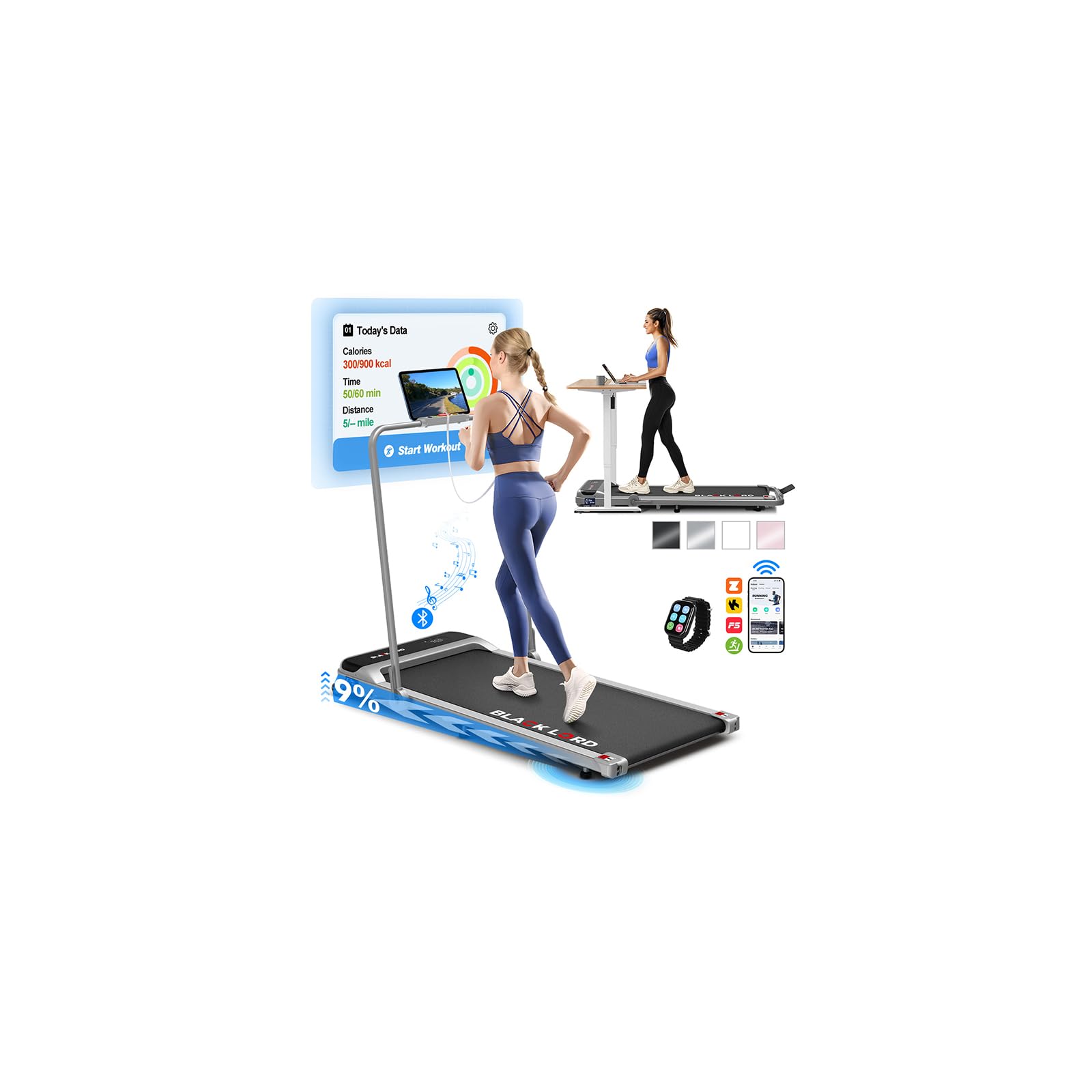 BLACK LORD Folding Walking Pad with Handle, Portable Treadmills for Home with 9% Incline, Indoor Electric Running Machine with 140kg Capacity, 100x40cm Wide Running Belt, LED Display, Silver