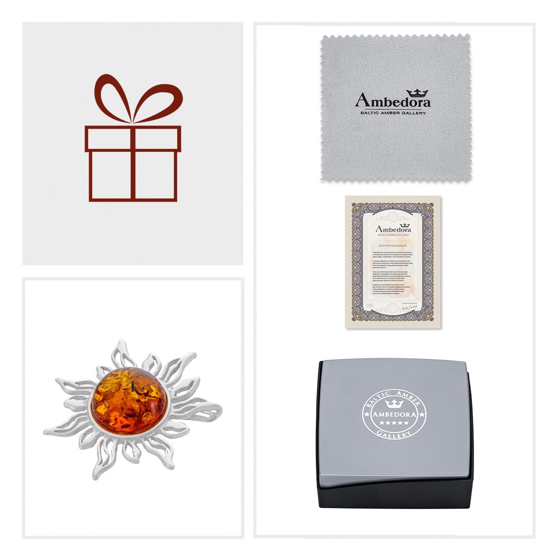 Spilla Sole da Donna in Argento con Ambra, Argento Sterling Lucidato, Ambra Baltica Naturale Color Cognac