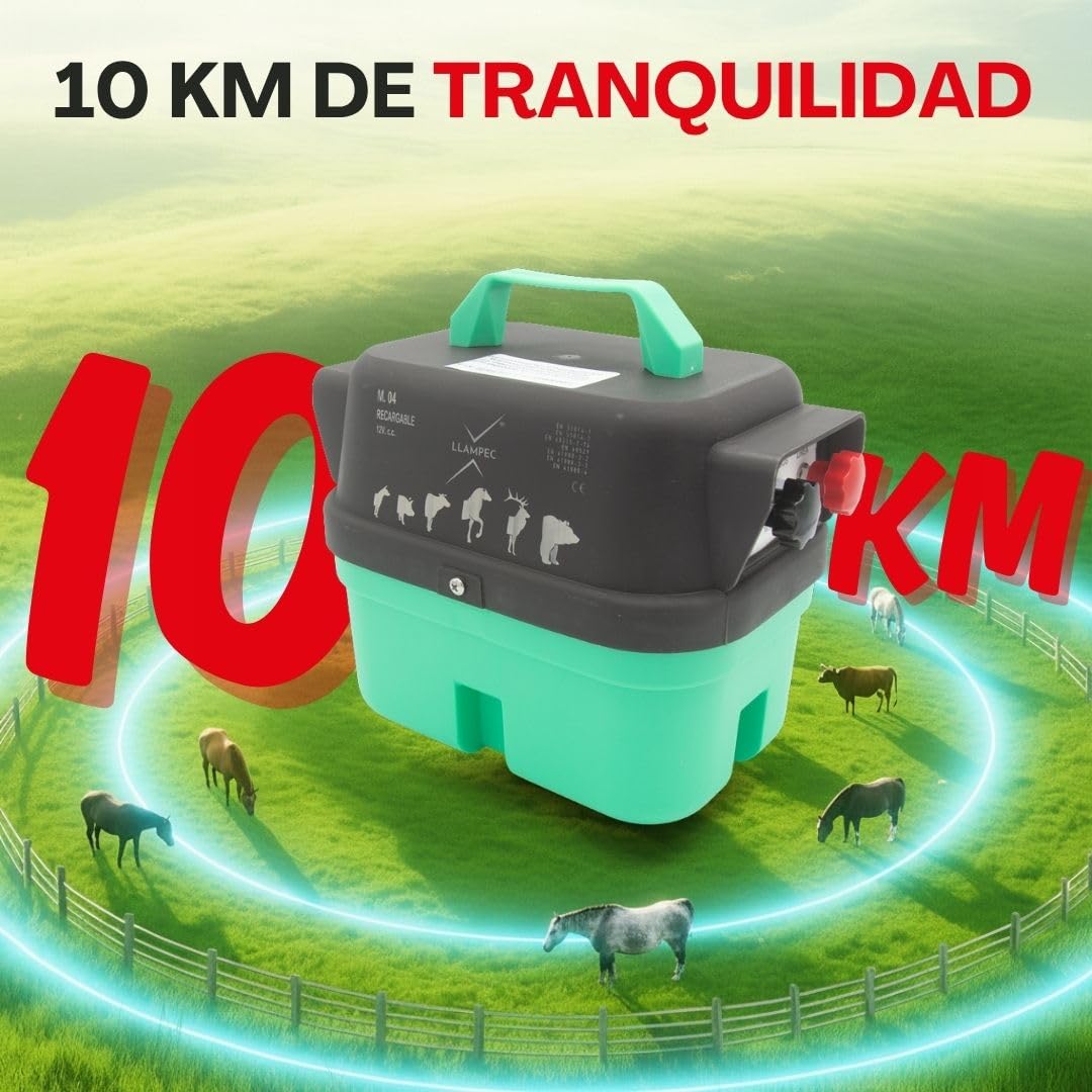 Llampec Pastor Eléctrico Recargable Mod.04 con Batería 12v 7Ah Incluida – 1,6 J - 9.500 V y 10 km de Alcance – Cerca eléctrica para Perros, Caballos, Cerdos y Vacas – Fabricado en España