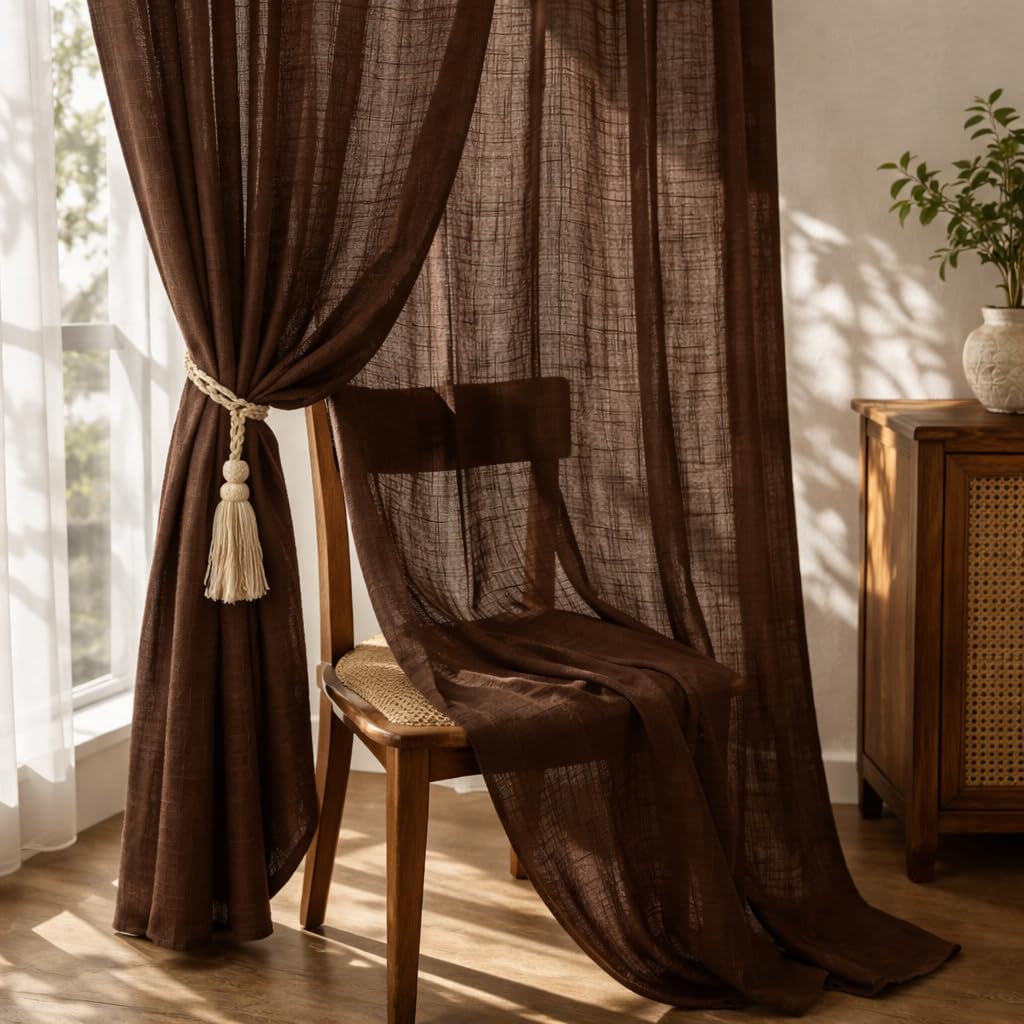 THE LINEN COMPANY Cotton Linen Sheer Door Curtains, Transparent Net Curtains with Rod Pocket, Light Filtering Privacy Drapes for Door & Balcony, Brown, 7 Feet, Pack of 2