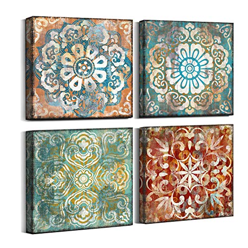 Vintage Flowers Pattern Canvas Prints Wall Art for Bedroom 20x20 inches 4 Pieces Framed Artwork Vintage Picture Ready to Hang for Home Bathroom Kitchen Office Decoration