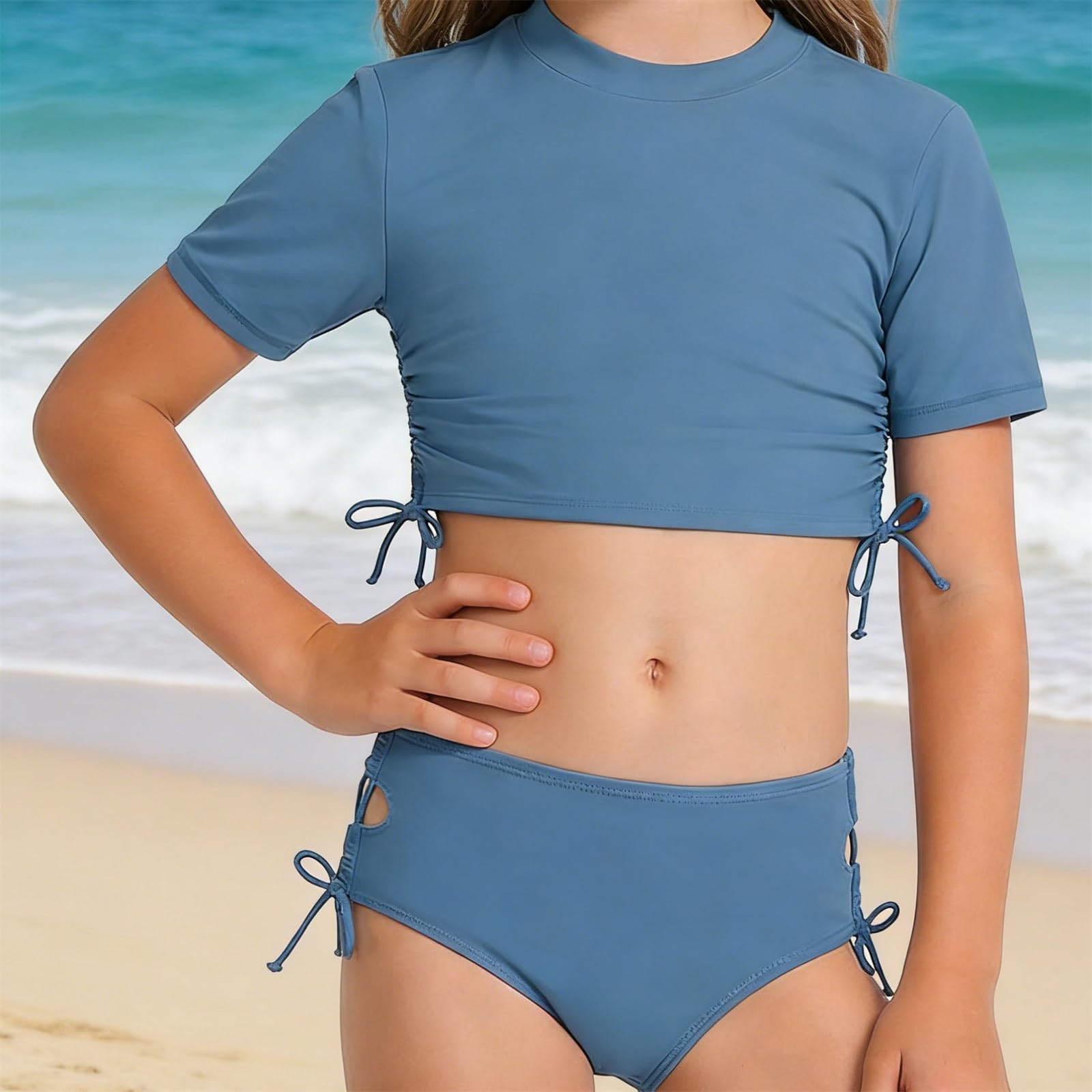 Maillot de bain fille deux pièces pour filles 6-14 ans, haut court à manches courtes et slip assorti, design sportif, tissu anti-uv, parfait pour la natation et les activités aquatiques
