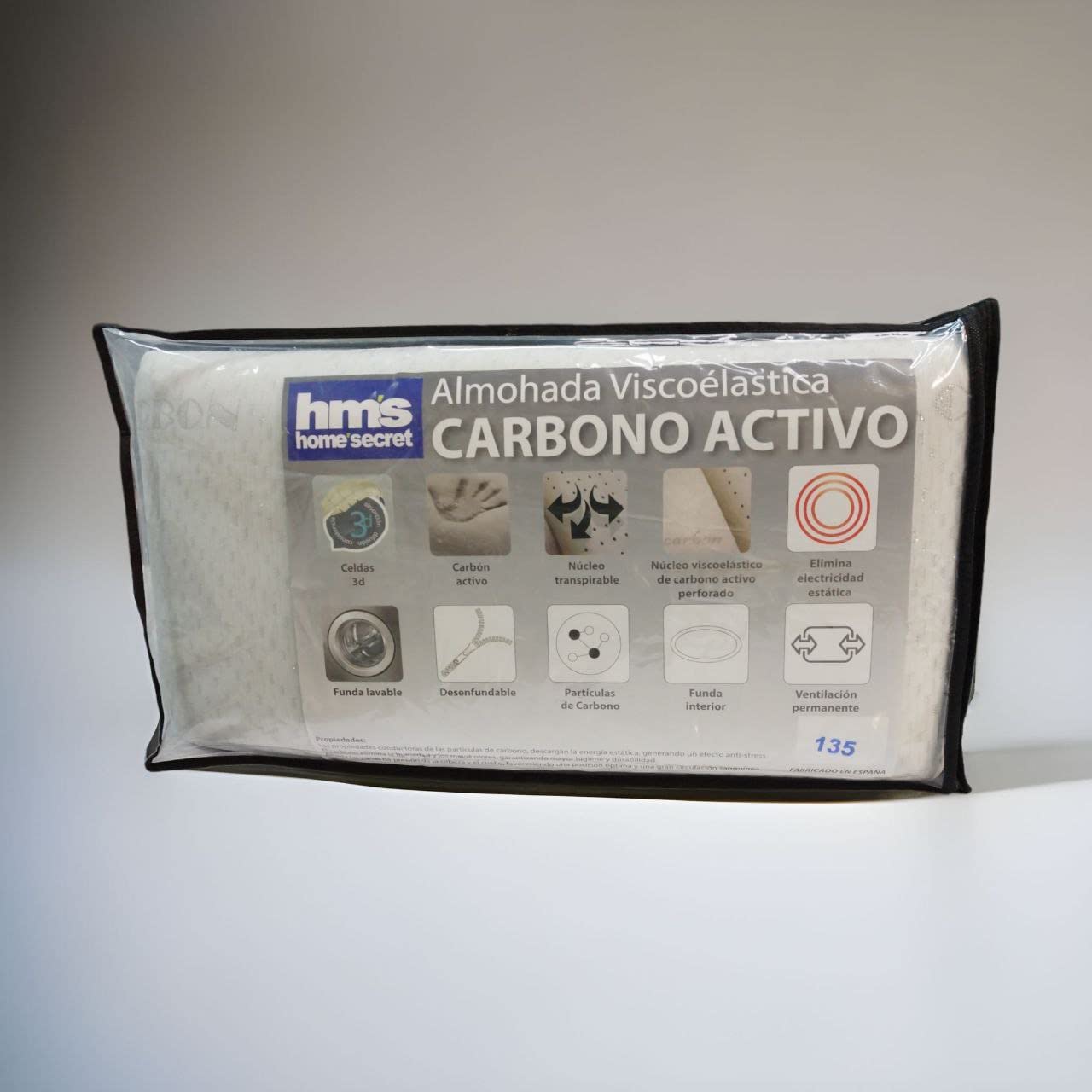 Almohada viscoelástica de carbono activo - Elimina olores, estática, humedad y bacterias - Transpirable Microperforada doble funda - Suave y cómoda - Recomendada para personas con alergias (135 cm)