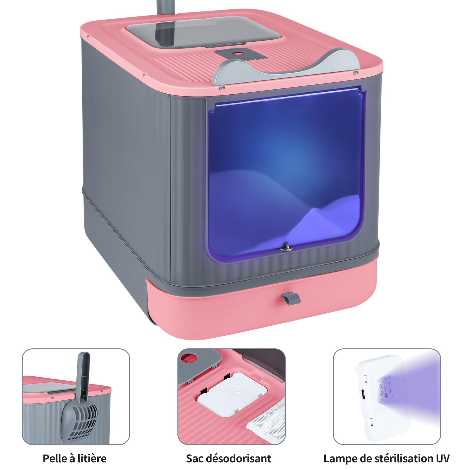 Bac à litière pour chat avec pelle, bac auto-nettoyant, désinfection UV, bac anti-fuite, fond anti-fuite (rose + gris)