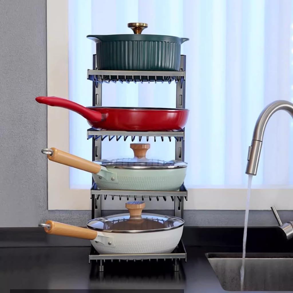 Scaffale per pentole wok in metallo resistente, scaffale regolabile a 4 livelli, organizer per angolo cucina salvaspazio, supporto per pentole in alluminio resistente