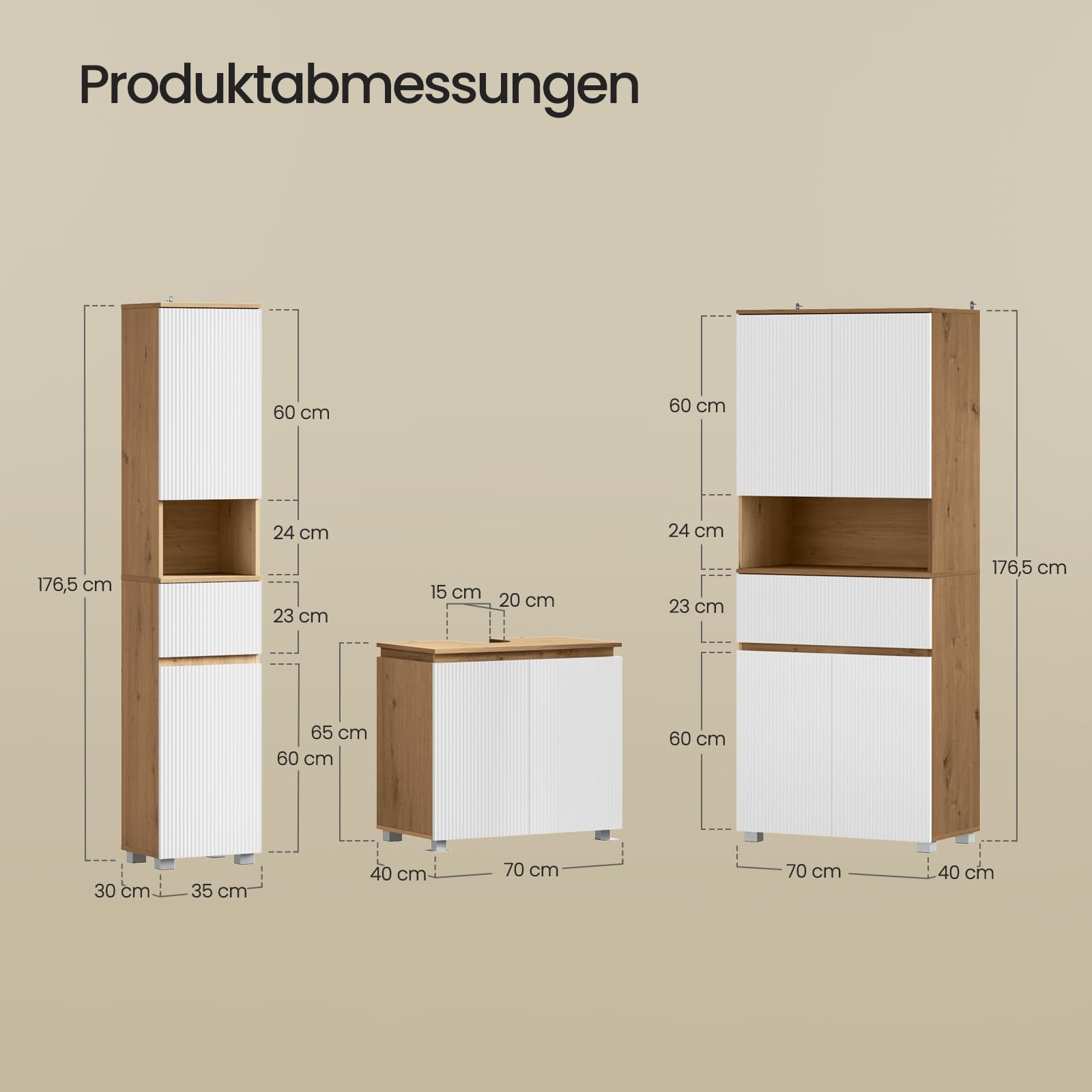 EUGAD Badmöbel Komplettset, 176.5 cm, Weiß + Braune Holzoptik, Badezimmermöbel-Set mit Waschbeckenunterschrank, und 2 Badezimmerschränke
