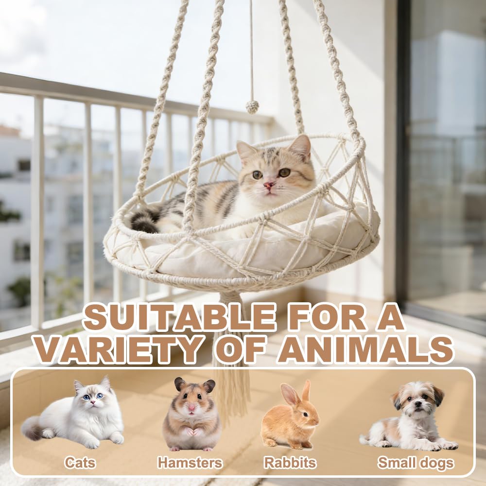 Katzenschaukel, HOVCEH Boho Makramee Katzen Hängematte mit Katzenspielzeug-Stick, 40cm Katzenhängematte Hängen Fenster für Garten, Terrasse, Balkon, Wohnzimmer