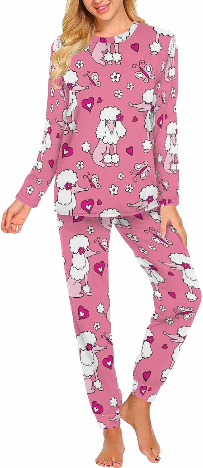 InterestPrint Dog Poodle Gray Pink Women Long Sleeve Sweatsuits with