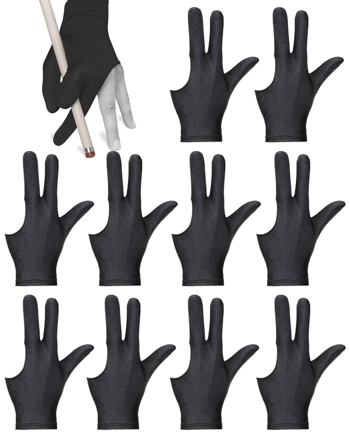 10 pcs Guantes de billar con 3 dedos, unisex, elásticos, para accesorios de billar, apto para zurdos