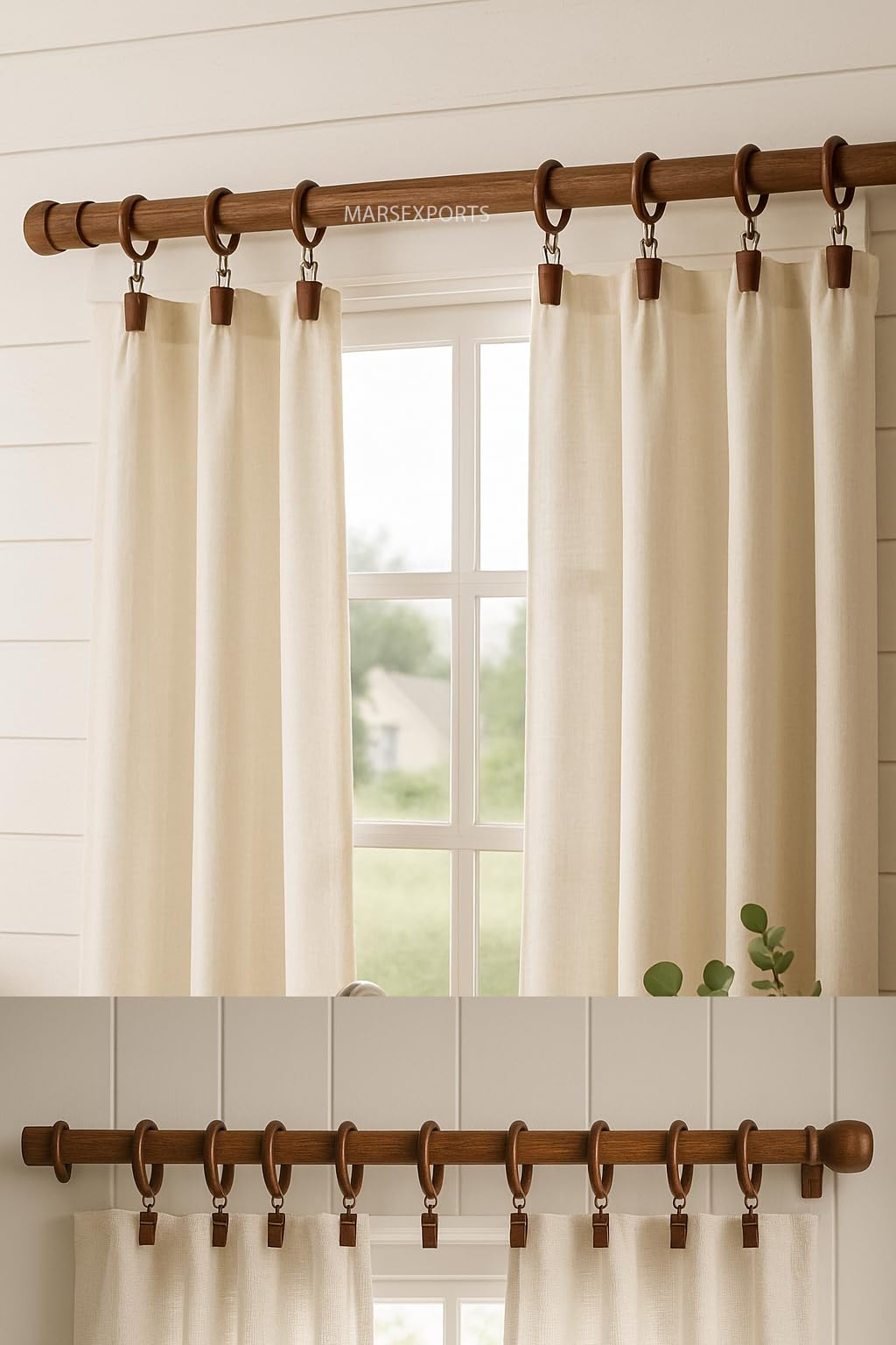 Anillos de cortina de madera con clips, paquete de 24 unidades, 6,3 cm, se adapta a barras de 2,53,8 cm, diseño de ojales para cortinas de ventana, duradero y elegante, perfecto para decoración del