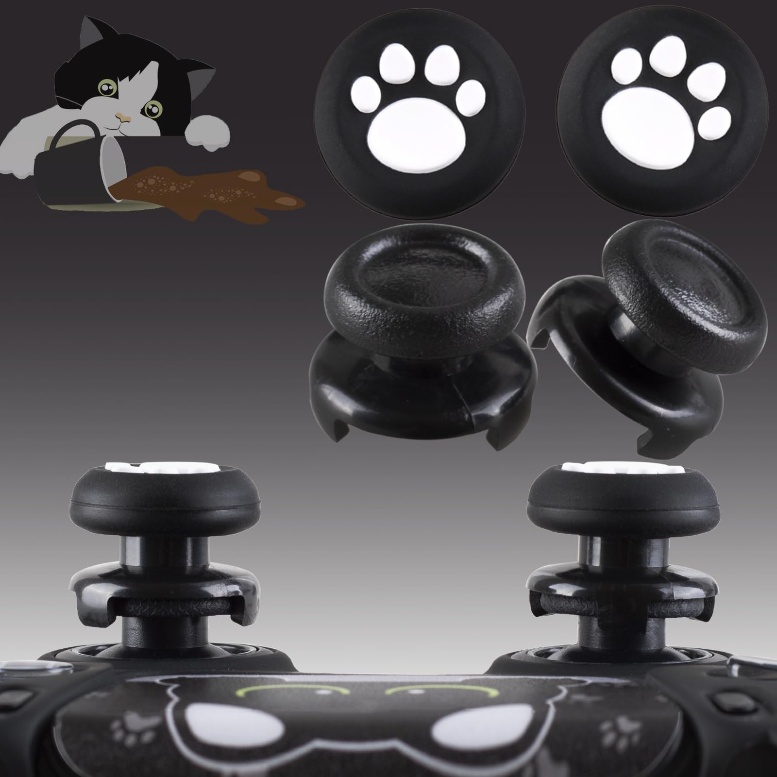 1 x Silikon-Aufkleber und Verlängerungsgriffe für PS5-Controller, Katzen, Schwarz