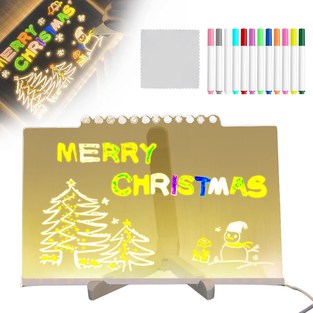 2025 New LED Note Board with Colors, Light Up Acrylic Message Board Light Up Dry Erase Board with Adjustable Stand and 7 Colors Pen, LED Illuminated Drawing Board for Office School Home (A1#30*20cm)