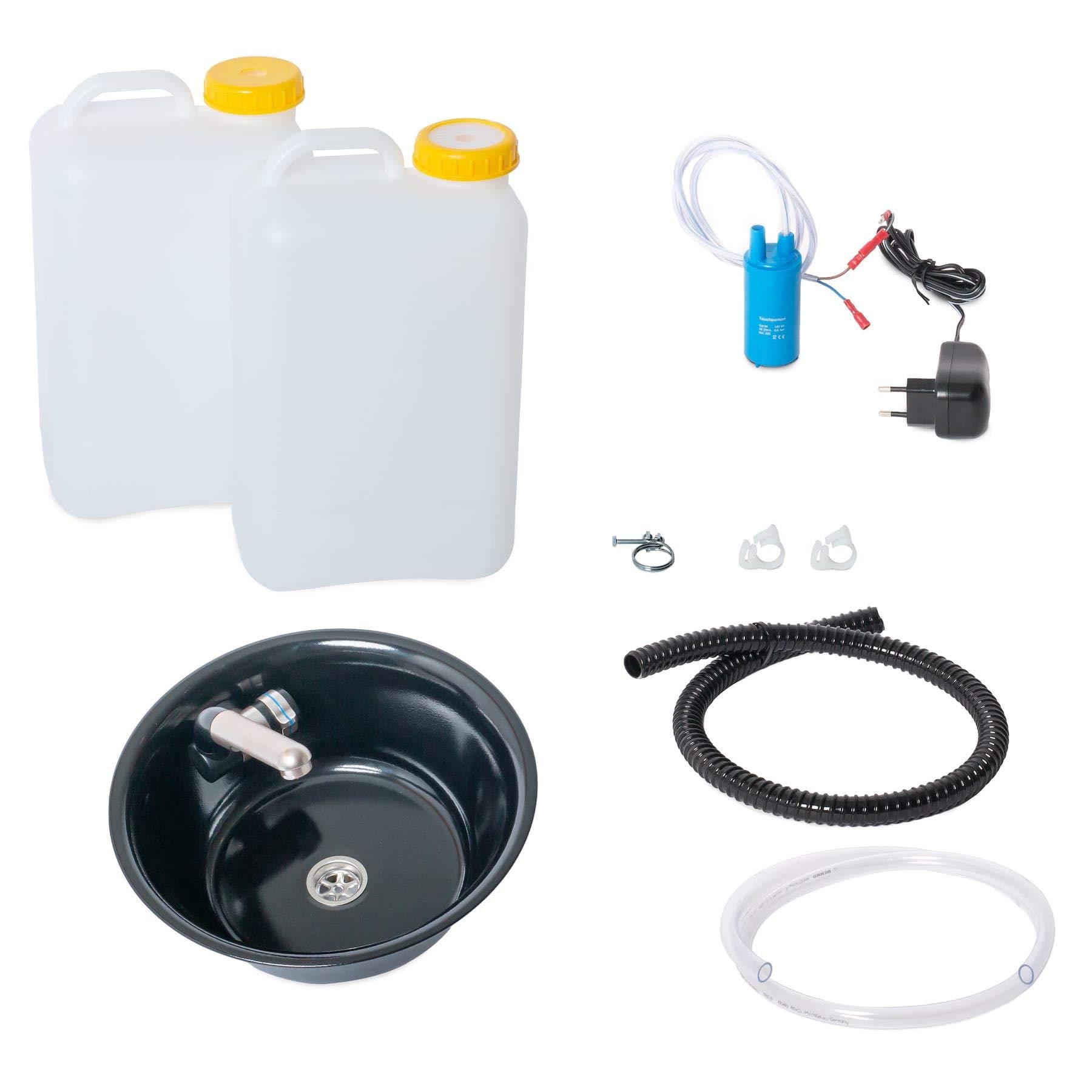 Sistema de agua para carro de meriendas, remolque, cocina de camping, 230 V, kit de montaje, fregadero negro de 32 cm (320 mm) integrado, grifo Barwig cromado, bidón de agua de 19 litros (ad-ideen)