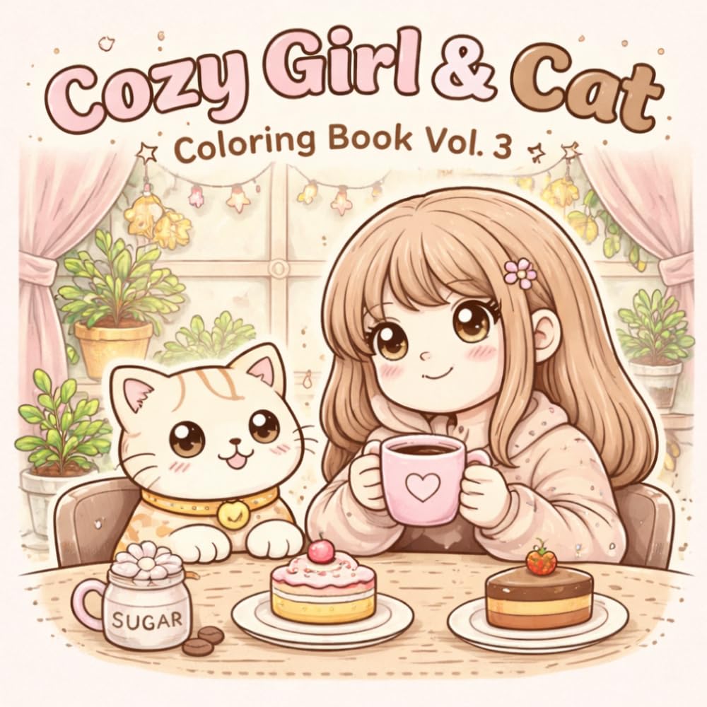 Cozy Girl & Cat Coloring Book Vol. 3: Cozy Café Edition – Cute Kawaii Bold and Easy Designs for Relaxation and Stress Relief