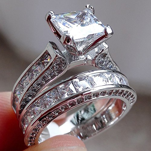 Sterling Silver Princess Cut Bridal Set Engagement Wedding Ring Bands Cubic Zirconia 2-in-1 Womens Vintage White Diamond Silver Engagement Wedding Band Ring Set