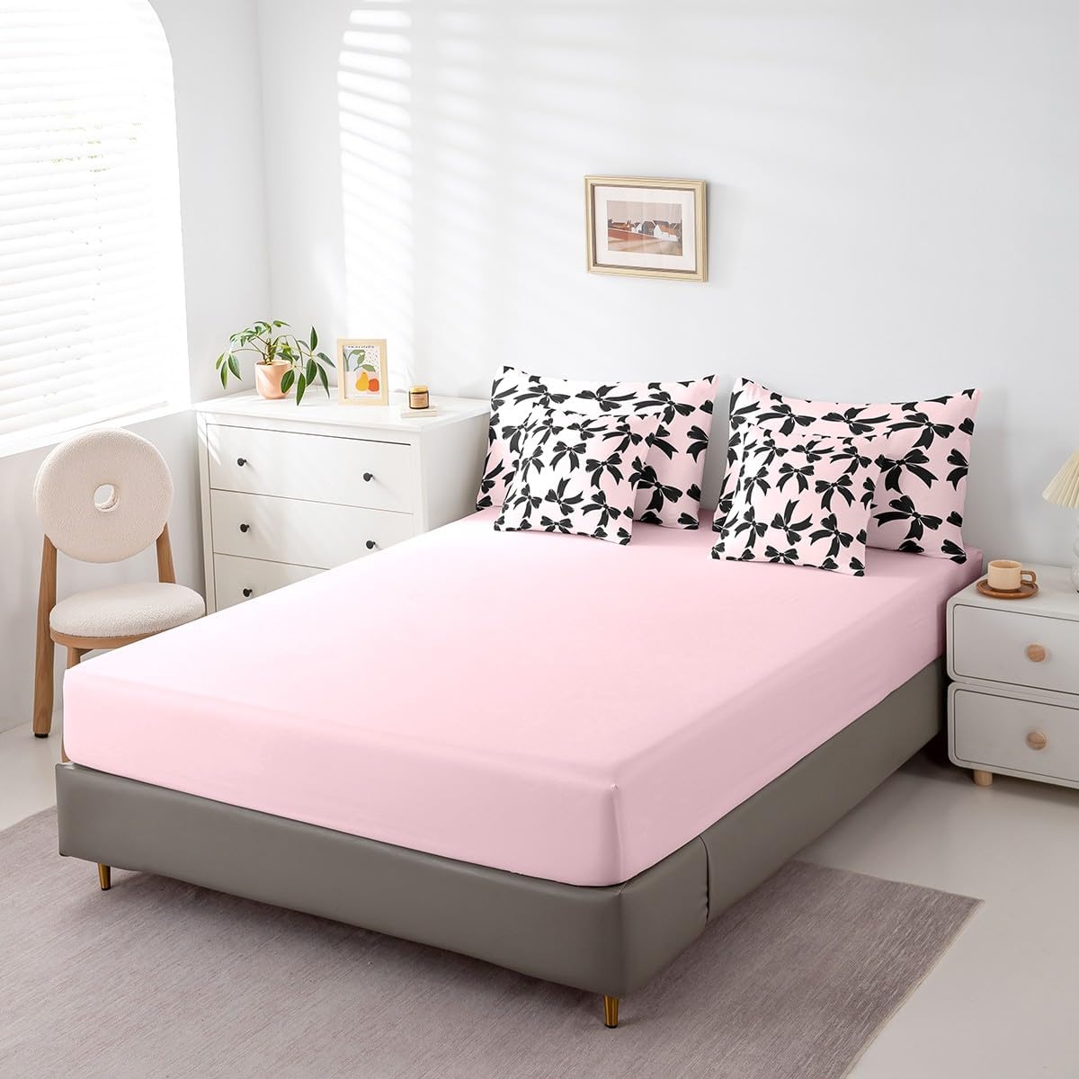 Feelyou Pink Bow 7 Pieces Bedding Set Cute Bowknot Comforter Set with Sheets for Kids Boys Girls Teens Room Decor Dreamy Princess Bow-tie Fairy Tale Bed in a Bag Queen Size Breathable Soft Microfiber