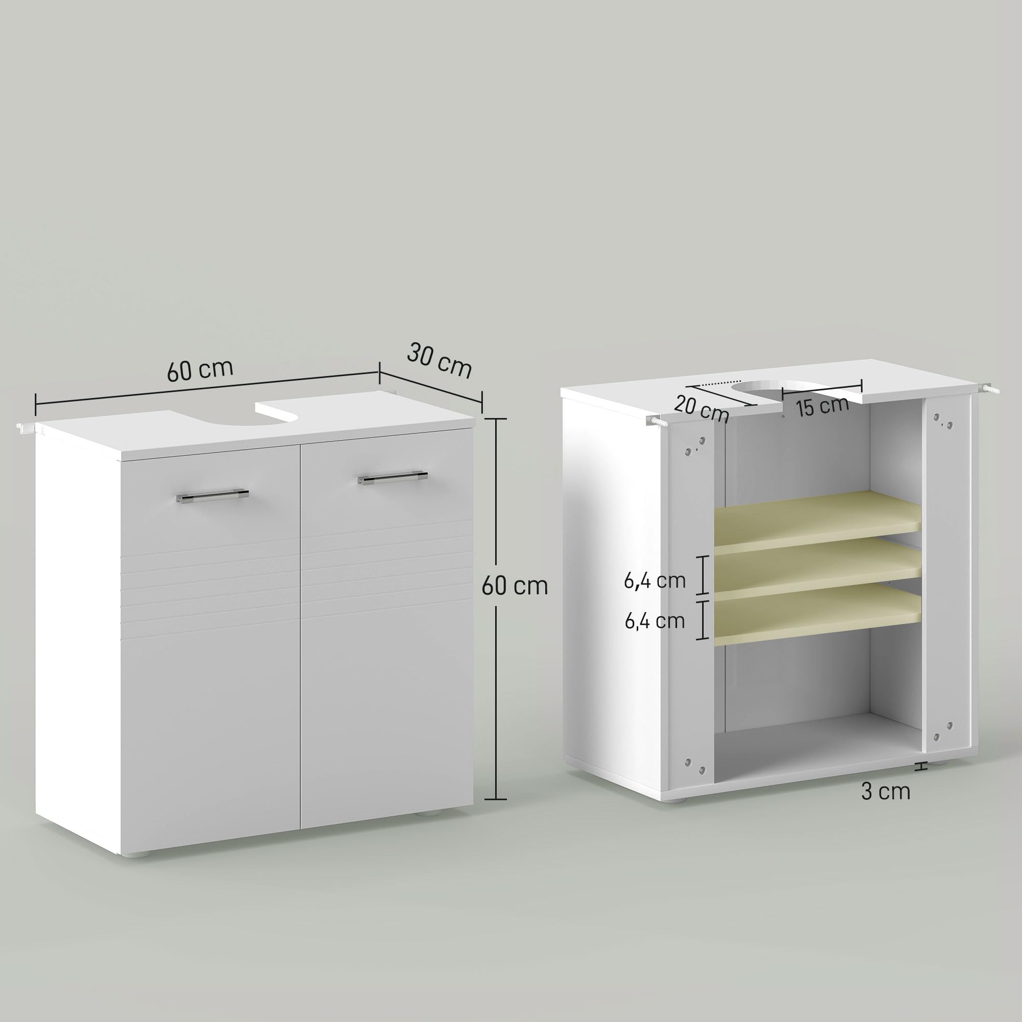 kleankin Mueble para Debajo del Lavabo Armario de Baño de Pared con 2 Puertas y Estante Interior Ajustable Estilo Moderno 60x30x62,5 cm Blanco