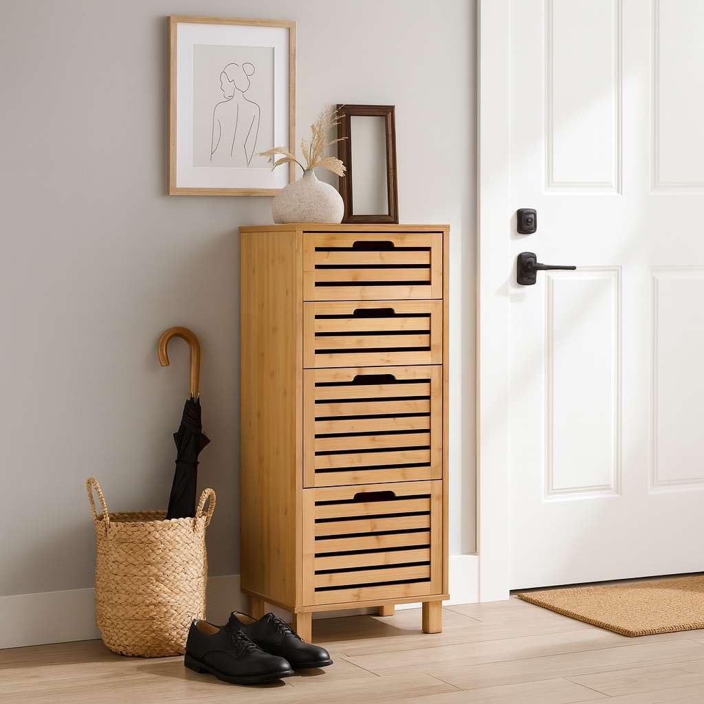Miroytengo Cajonera Auxiliar 4 Cajones Sicela Marrón 40x98x30cm en Bambú, Diseño Moderno y Funcional, Almacenamiento Óptimo, para Cualquier Estancia