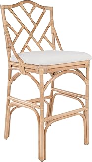 KOUBOO Chippendale Rattan Bar Stool, Bar Seating, Wood Bar Stool, Back Support Stool, Bar Seating Tall, Home Back Dining Chair, Off White, Natural