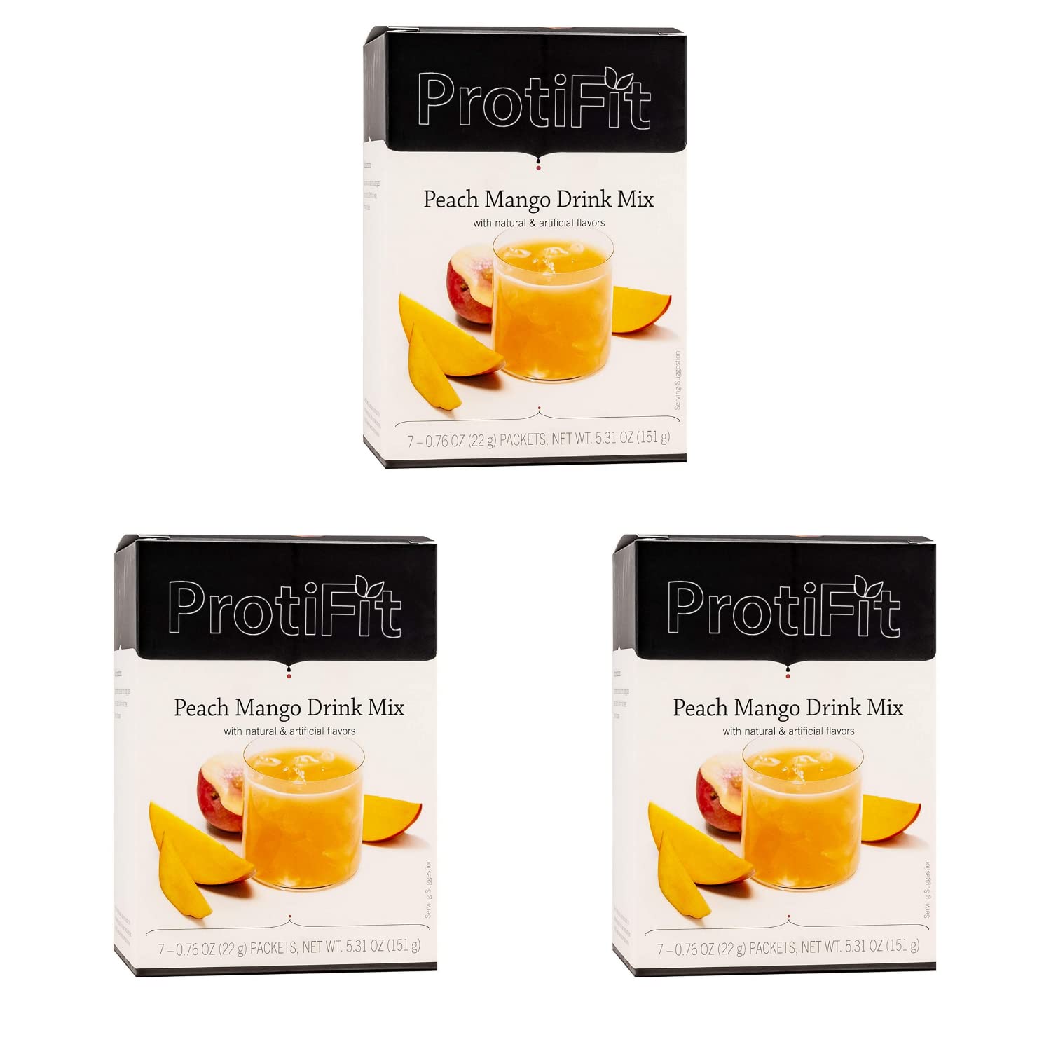 PROTIFIT - Bebida de Melocotón y Mango Alta en Proteínas (Paquete de 3), 15 g de proteína, baja en calorías, sin azúcar, ideal para proteínas, 7 porciones por caja (Paquete de 3)