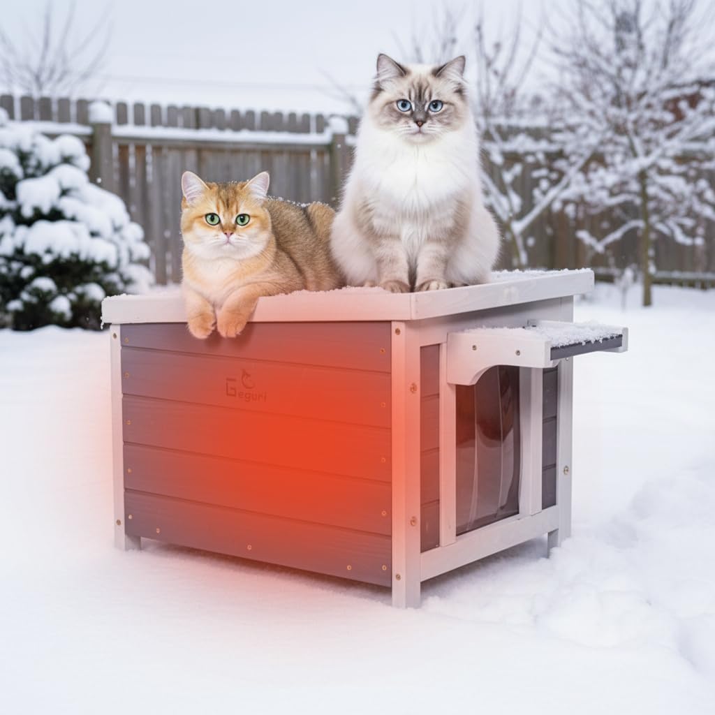 GEGURI Outdoor Cat House Weatherproof, Wooden Two-Story Feral Cat Shelter with Openable Roof, Escape Door, Balcony