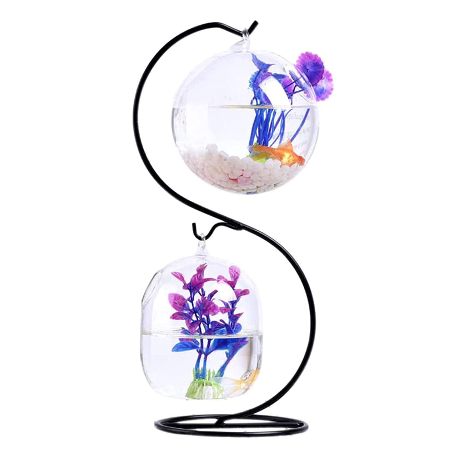 Transparent Glass Hanging Aquarium, Desktop 2 Transparent Glass And Bracket Stand Aquarium Water Culture Green Plant Flower Micro Landscape Eco with A Base,Black