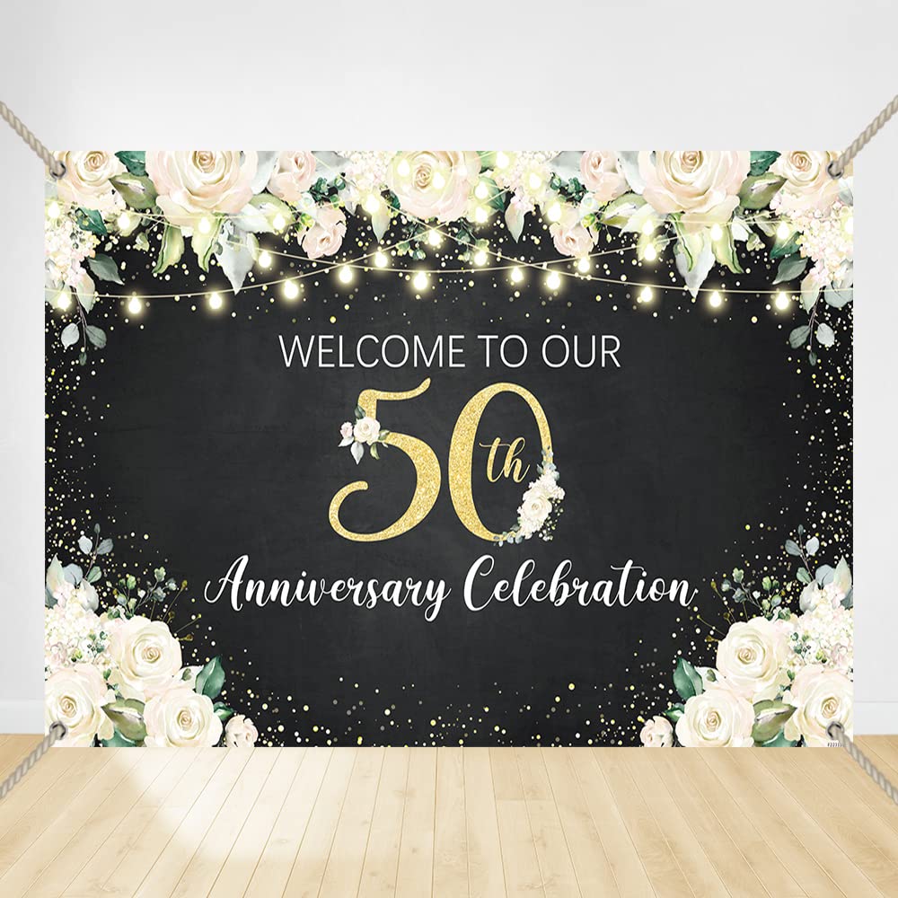 Crefelimas White Floral 50th Anniversary Backdrop for 50 Years Marriage Celebration Love Party Background 50th Wedding Anniversary Decorations Copper Grommets Banner
