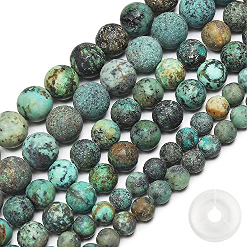 Natural Matte African Turquoise Beads, 8MM Round Frosted Unpolished Loose Gemstone Beads for Bracelet Necklace Jewelry Making, Energy Stone Healing Power with Stretch Beading Cord