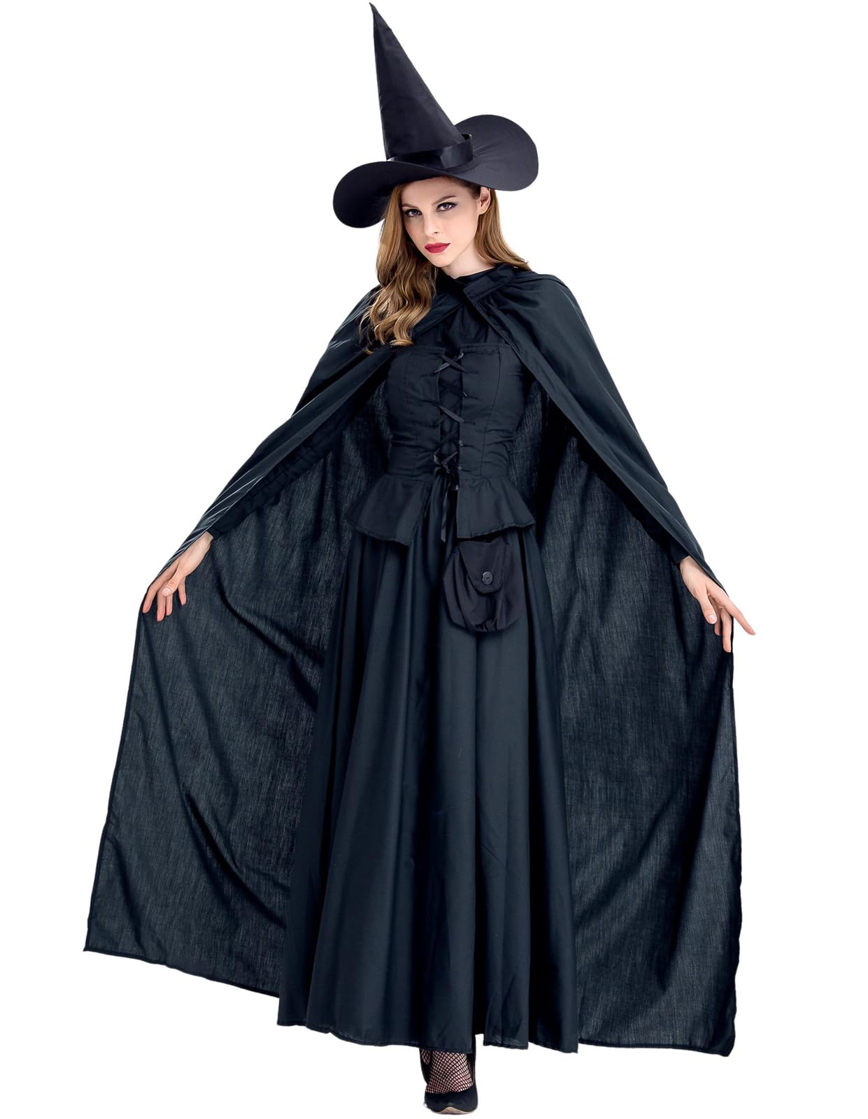 GRAJTCINWomen's Wicked Witch Costume, 4 Pieces Halloween Deluxe Witchy Dress Black