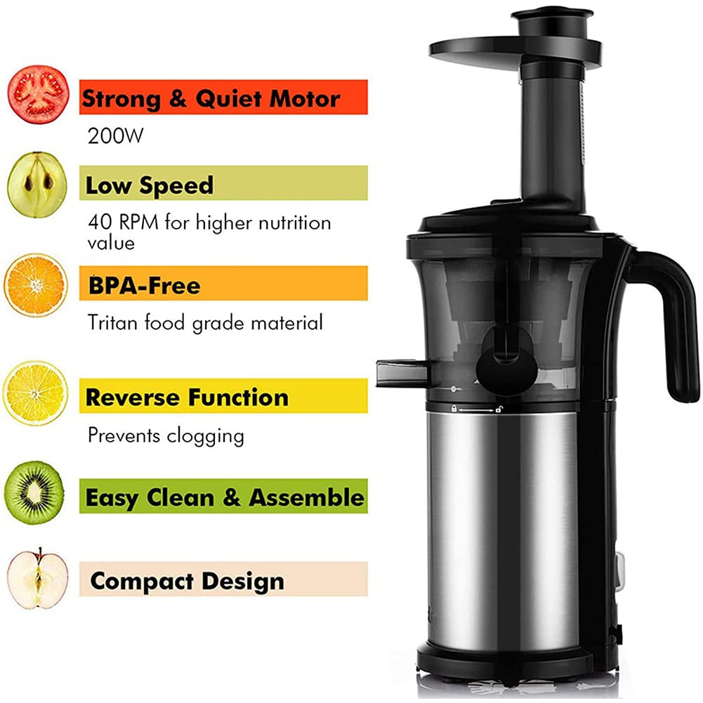 Licuadora de prensado en frío - 200 W, Acero Inoxidable, Baja Velocidad, máquina para extraer Jugo de Frutas, Verduras, sorbetes y Helados - Libre de BPA, Alto Rendimiento de Jugo