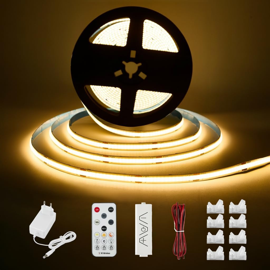 Enteenly Tira LED COB Blanca, Kit de Tira de Luz Debajo del Gabinete con Control Remoto RF para Vitrina, Cocina, Escritorio, Estante, Gabinete, Incluye Adaptador de 24 V (Blanco Cálido, 10 Metros)