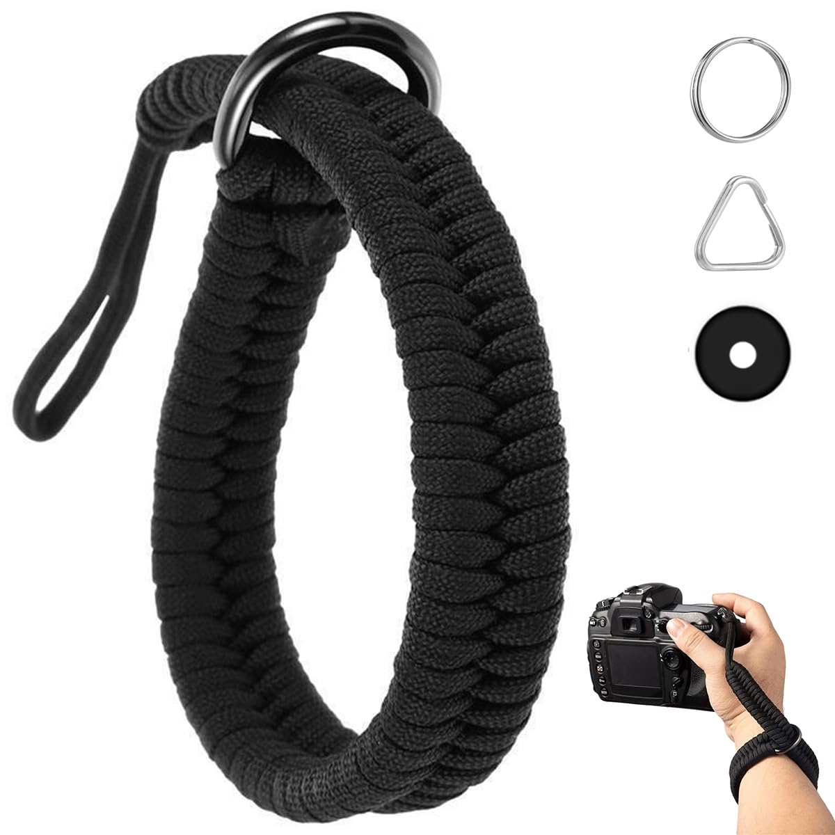 Dragonne Appareil Photo en Paracord 550, Noir Sangle de Poignet pour Appareil Photo, avec Anneaux en D, Compatible avec DSLR, Action Cam et Compact, Accessoire Sécurisé pour Photographie en Plein Air