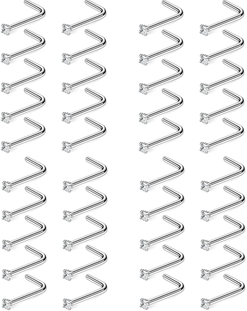COLORFUL BLING 40 Pcs Set 20G Nose Rings for Women Men Multicolor 5A CZ Corkscrew Nose Studs L Shaped Nose Rings Stainless Steel Nose Piercing Jewelry - Clear CZ L