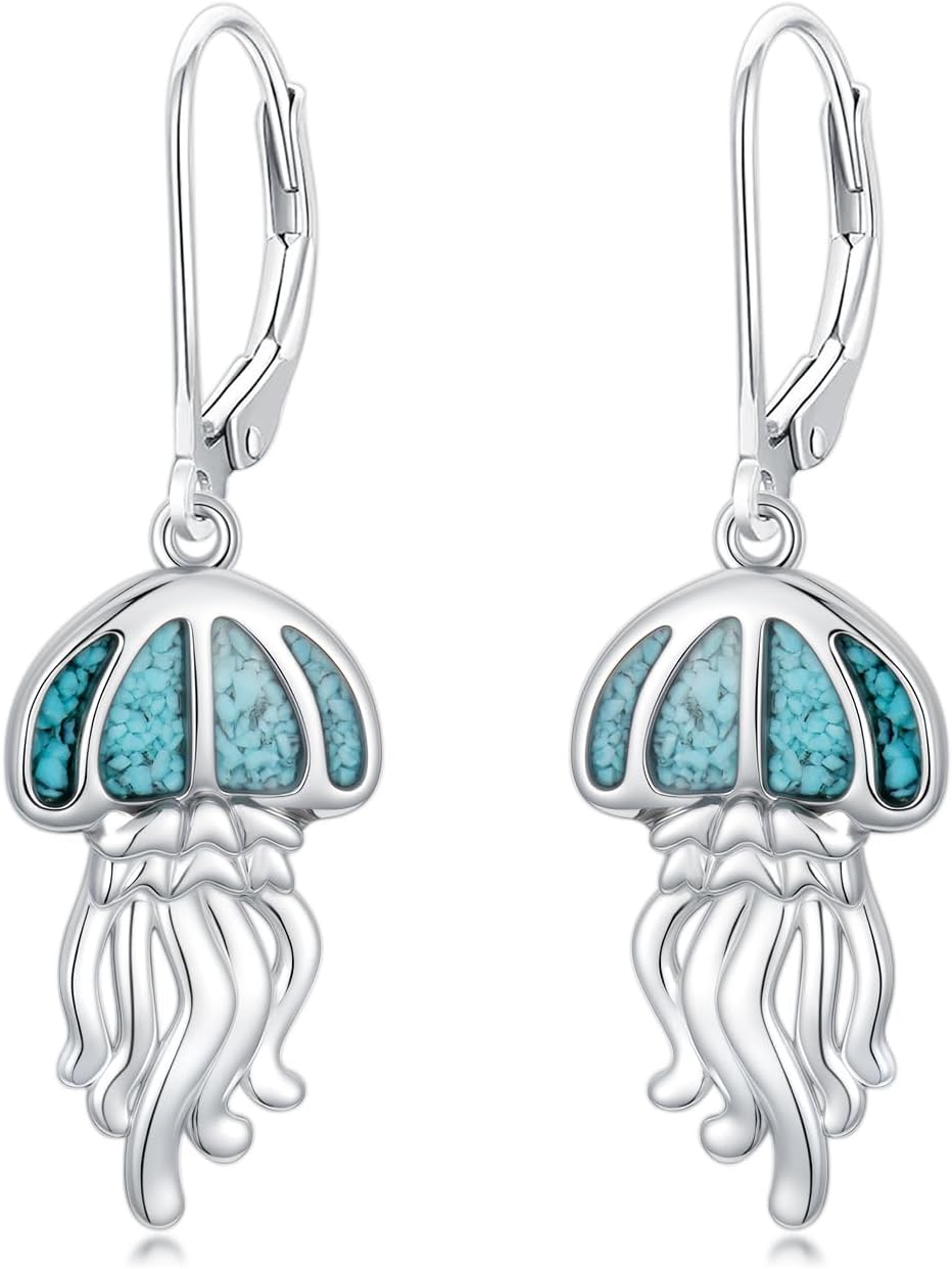 Dorunmo 925 Sterling Silver Sea Animal Leverback Earrings with Turquoise, Secure Ocean Beach Themed Dangle Hoop Earrings, Tropical Jewelry Gifts for Women Mom