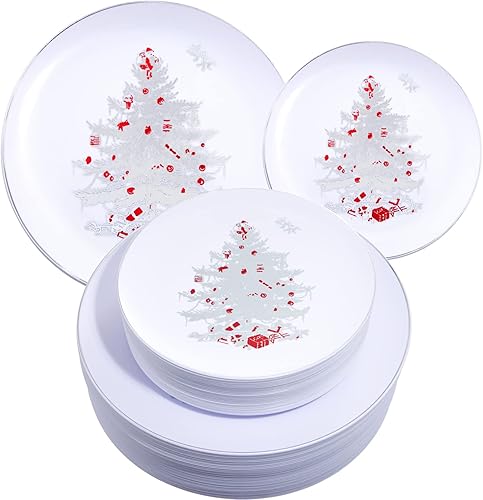 Rubtlamp 60 platos de plástico de Navidad, platos desechables de Navidad, platos de plástico blanco con árbol de Navidad plateado, platos navideños