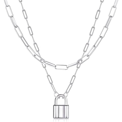 BOUTIQUELOVIN 14K Gold Plated Lock Necklace for Women Paperclip Link Chain Padlock Necklace Non-Tarnish