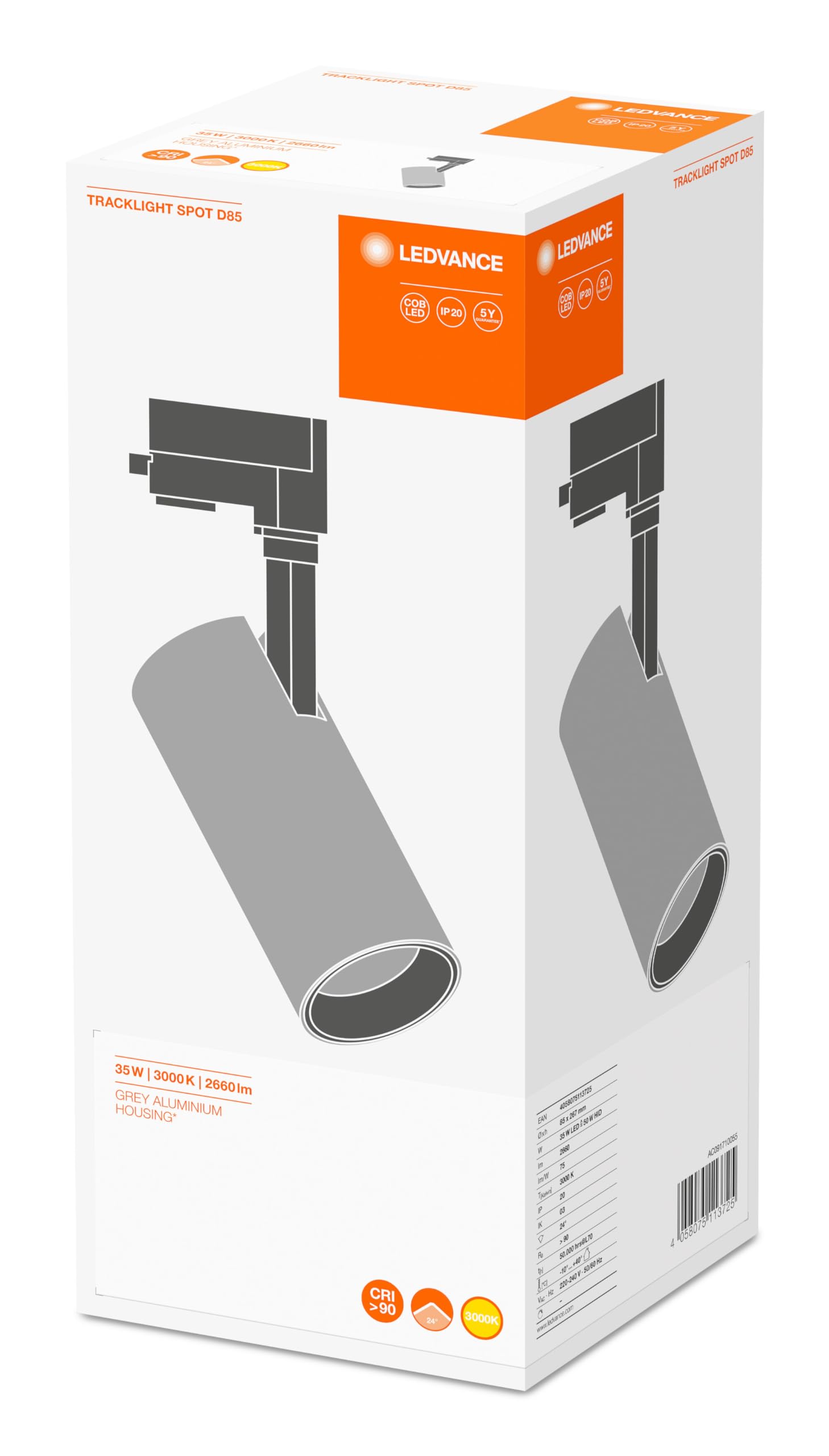 LEDVANCE TRACKLIGHT SPOT D85 35W Grey LED Stromschienen-Spotlight Warmweiß 85x267 mm
