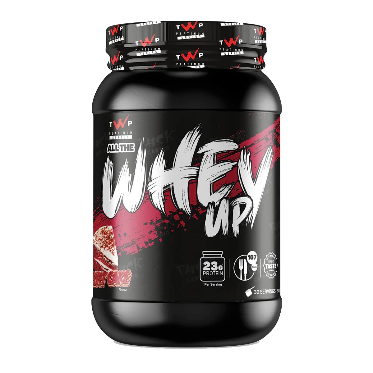 TWP Nutrition Platinum Series All The Whey Up Protein Powder Shake, 23g Whey Protein, Low Fat, Low Carbs, 2.1kg/900g & 70/30 Servings, Vegetarian Friendly (Red Velvet Cake, 900g)