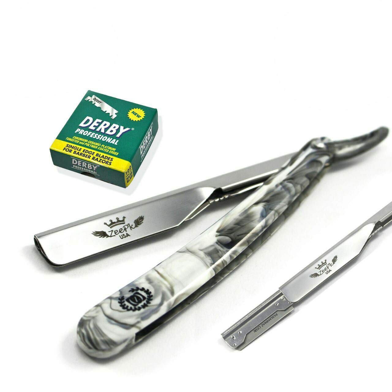 FREE BLADES + Professional Marble Straight Edge Barber Razor - Salon Quality Cut Throat MARBLE PRINT BARBER SALON CUT THROAT (SHAVETTE) STRAIGHT SHAVING RAZOR, 100 BLADE
