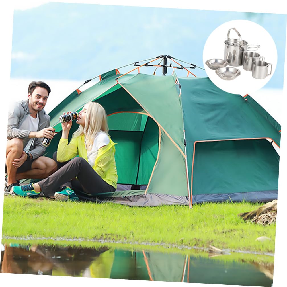 SUPVOX Ustensiles Cuisine Multifonctionnels pour Camping, Bouilloire Portable en Acier Inoxydable, Bol Pliable, Tasse Et Couverts 5 Pièces, Léger, Solide, Adapté Randonnée Et Plein Air