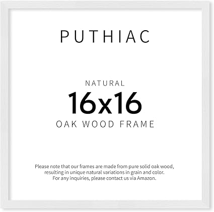 puthiac 16x16 White Picture Frames for Wall - Minimalist 16x16 Oak Wood Frames, 16"x16" Picture Frame Wood, Natural Solid Wooden Picture Frames for Wall Art Photo and Prints (1 Pack, White)