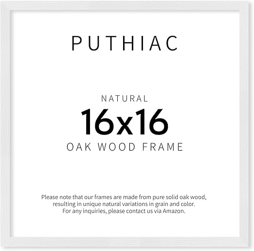 puthiac 16x16 White Picture Frames for Wall - Minimalist 16x16 Oak Wood Frames, 16"x16" Picture Frame Wood, Natural Solid Wooden Picture Frames for Wall Art Photo and Prints (1 Pack, White)