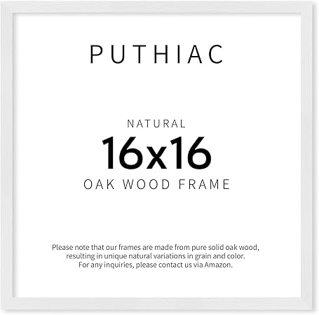 puthiac 16x16 White Picture Frames for Wall - Minimalist 16x16 Oak Wood Frames, 16"x16" Picture Frame Wood, Natural Solid Wooden Picture Frames for Wall Art Photo and Prints (1 Pack, White)